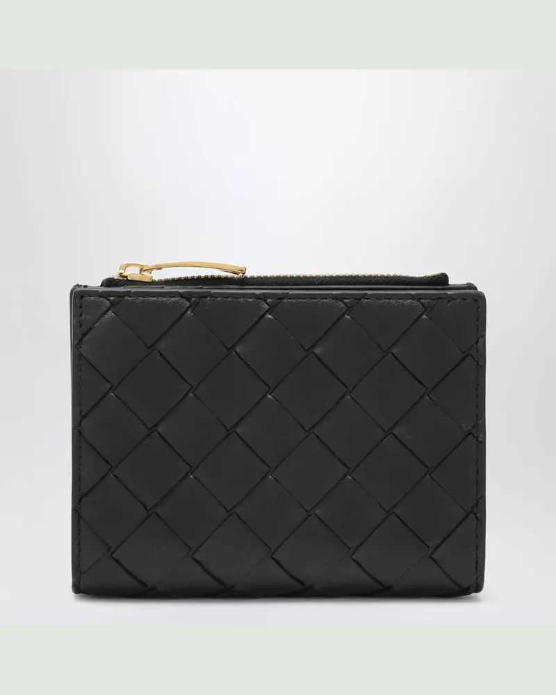 Bottega Veneta Kleines schwarzes Bi-Fold-Portemonnaie aus Intrecciato Black