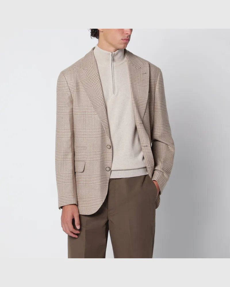 Brunello Cucinelli Einreihiges Sakko in Camel mit Prince-of-Wales-Muster Beige