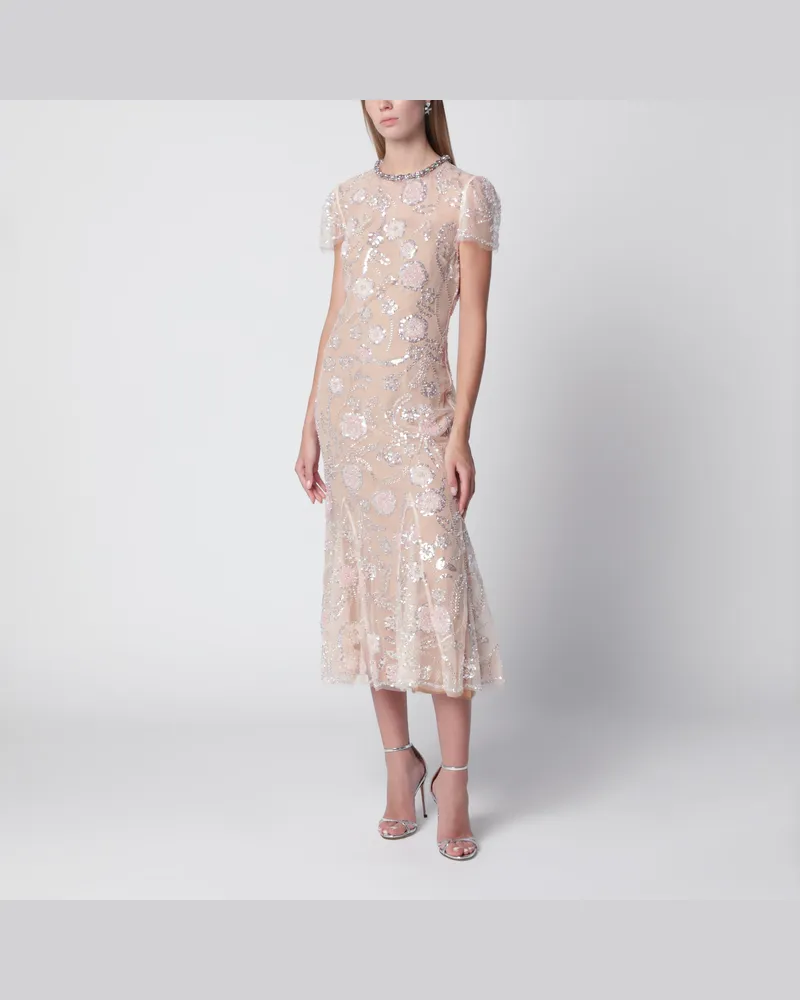 Self-Portrait Midi-Kleid mit Blumen und Pailletten in Rosa Pink