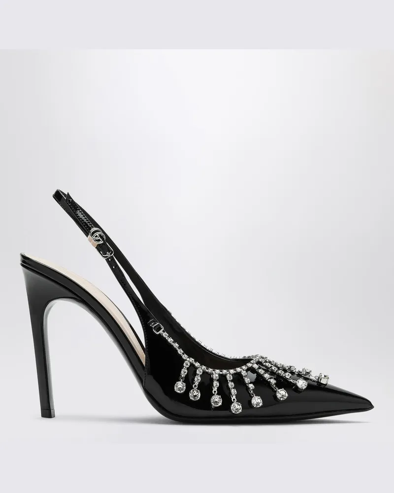 Gucci Schwarze Pumps aus Lackleder mit Kristallkette Schwarz