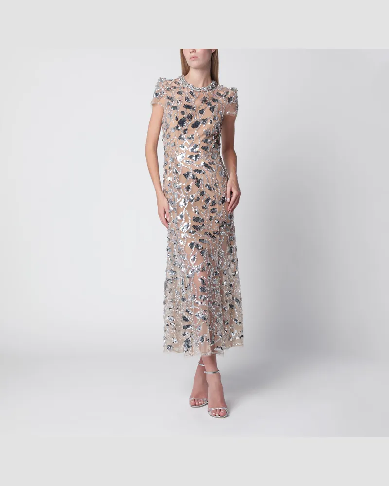 Self-Portrait Silbernes Midikleid mit Pailletten aus Polyester Metal