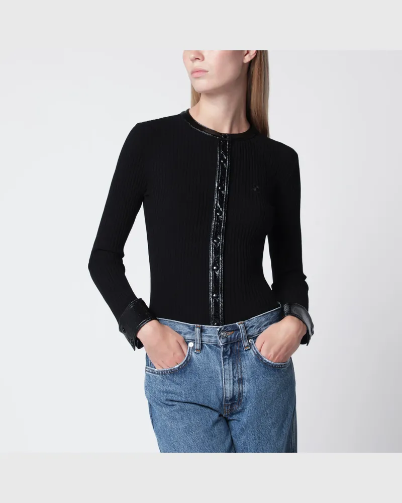 Courrèges Gerippter Strickcardigan mit Vinylkragen, schwarz Black