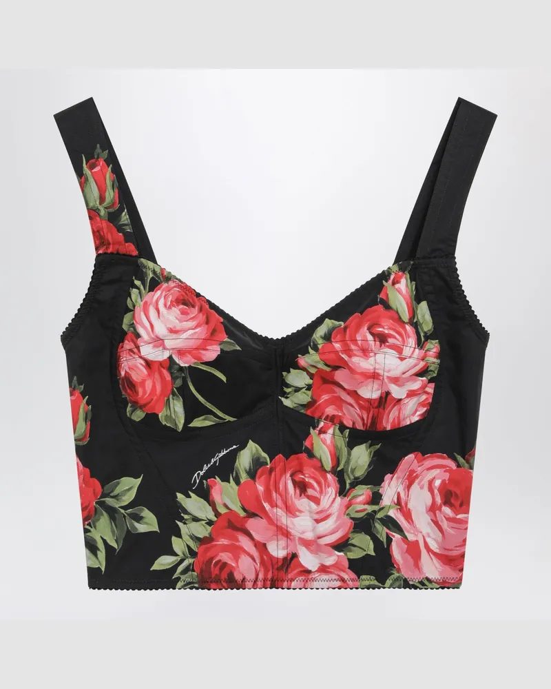 Dolce & Gabbana Bustier-Top mit Rosenbouquet-Print aus Baumwolle, schwarz Multicolor
