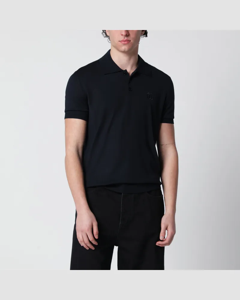 Gucci Dunkelblaues Wollstrick-Poloshirt mit GG-Stickerei Blue