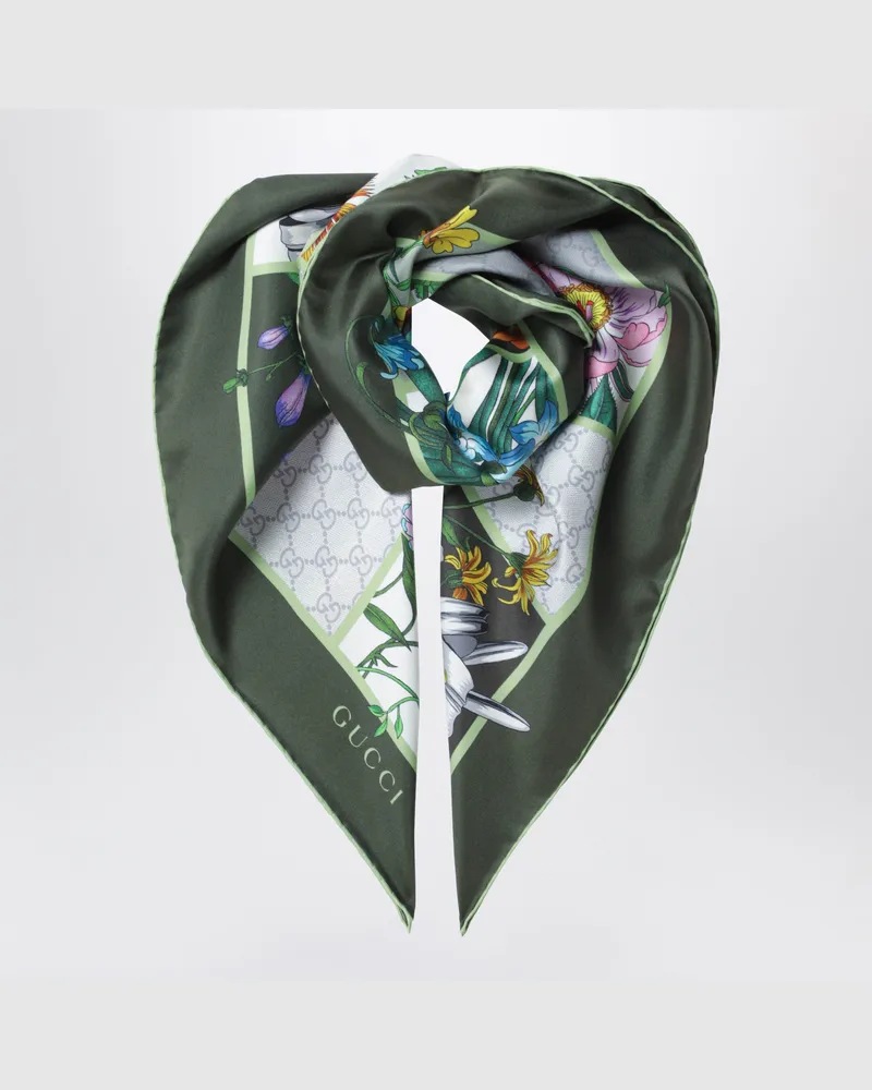 Gucci Grünes Seidentwill-Tuch mit Flora-Print Green