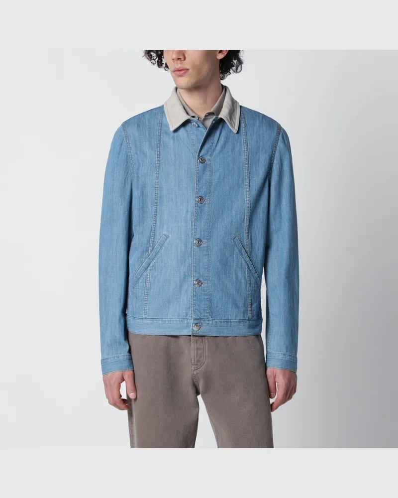 Brunello Cucinelli Blaue Denimjacke mit Wildlederkragen Blau