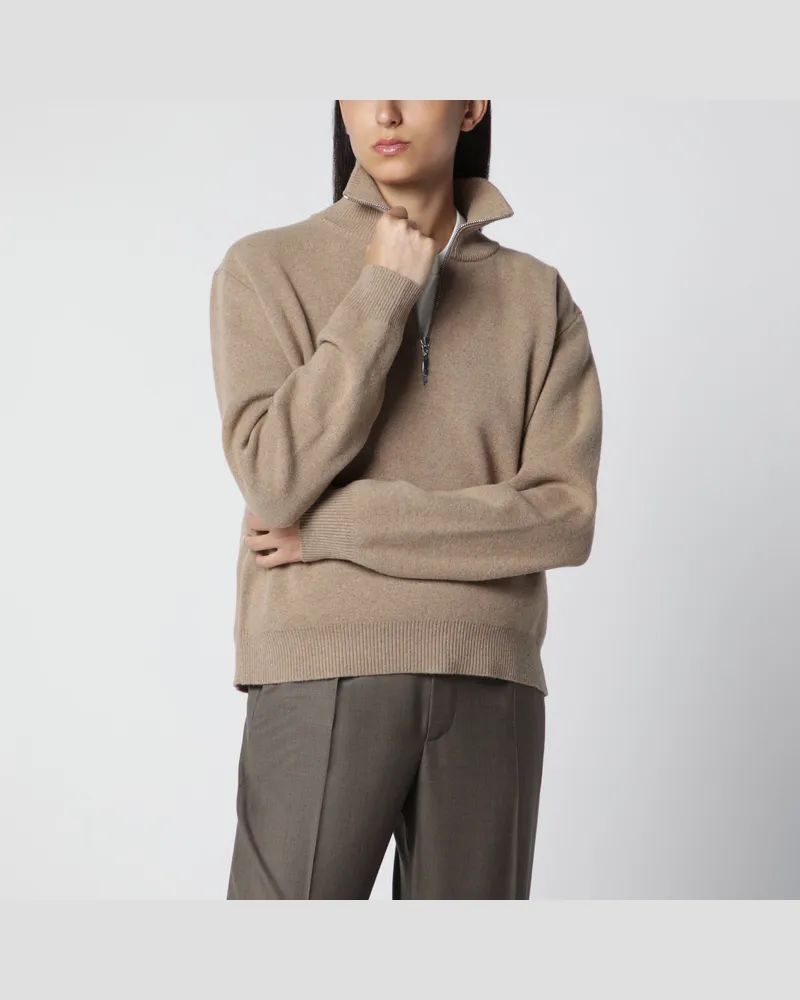 Róhe Poloshirt mit Reißverschluss aus Mouliné-Strick in Kamelbraun Beige