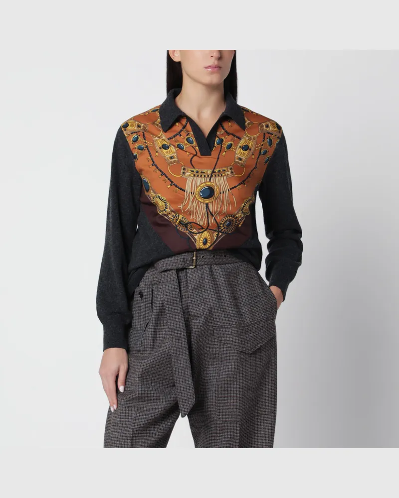 Etro Grey wool and cashmere sweater with printed silk intarsia Multicolor