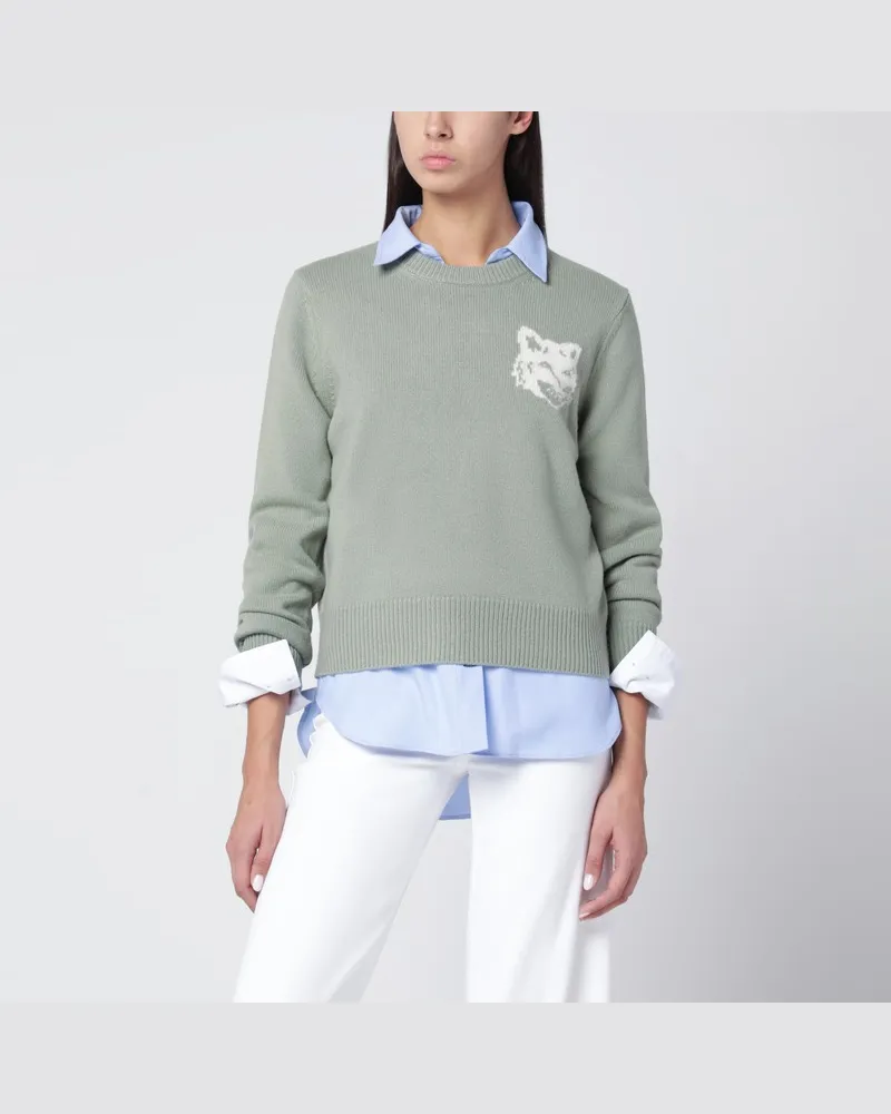 Kitsuné Salbeigrüner Wollpullover mit Fox Head-Stickerei Grün