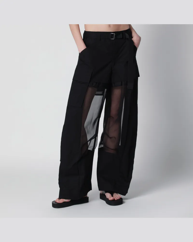 Sacai Schwarze Cargohose mit halbtransparentem Einsatz Black
