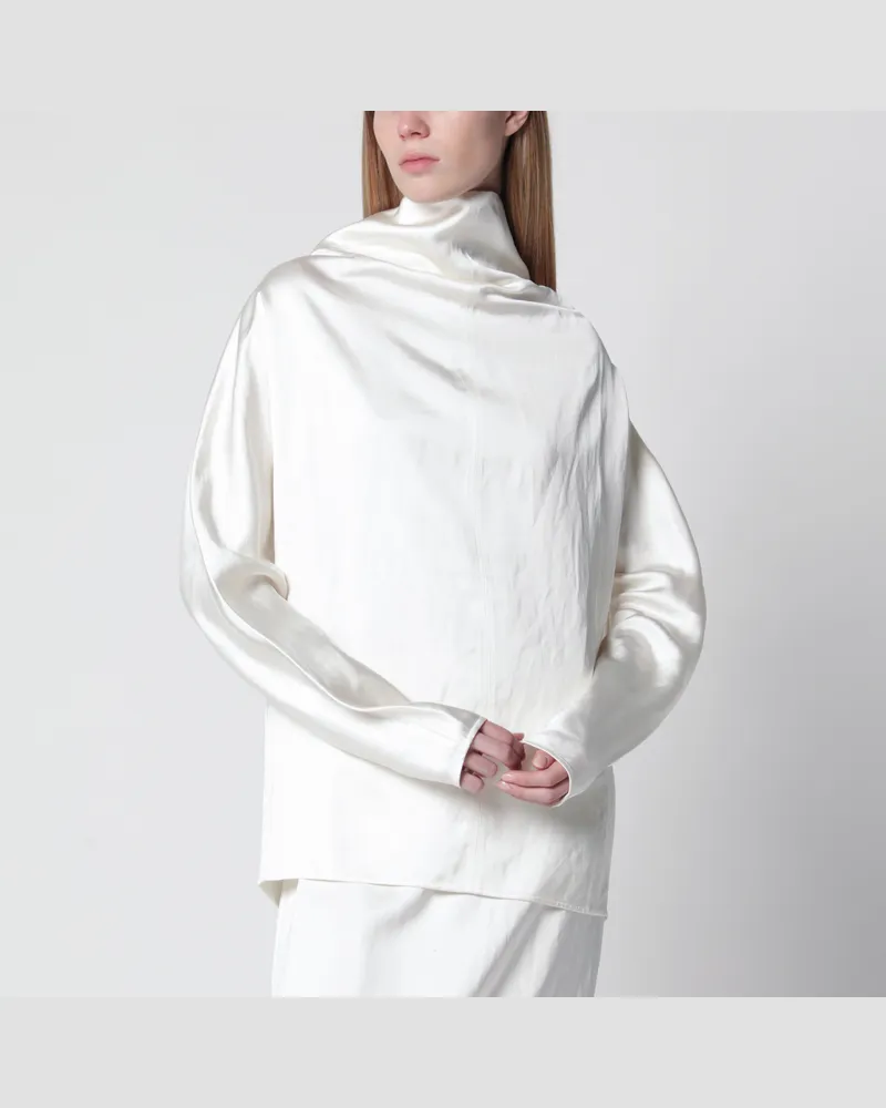 Totême Drapierte Bluse mit Wasserfallkragen aus Viskose-Leinen in Weiß White