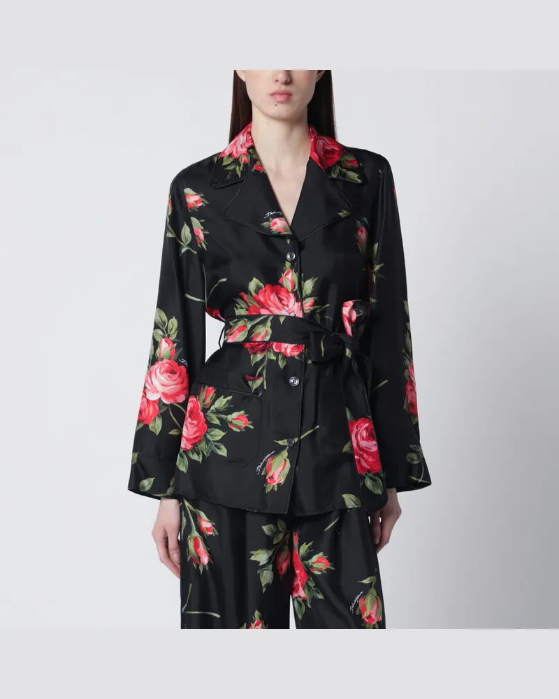 Dolce & Gabbana Schwarzes Vanity Hemd mit Bouquet-Rosenprint Multicolor