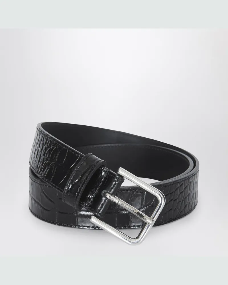 FRANKIE Shop Toni Croc Gürtel aus schwarzem Lackleder mit silberfarbener Hardware 