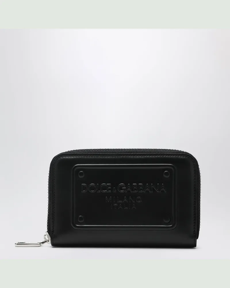 Dolce & Gabbana Kleine schwarze Zip-Around-Geldbörse mit geprägtem Logo Black