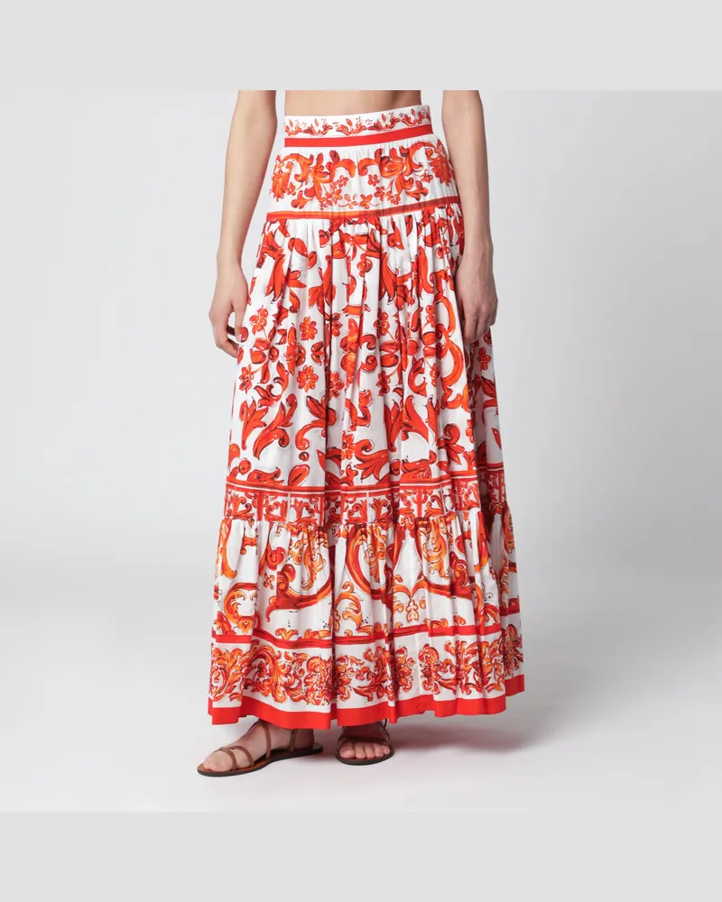 Dolce & Gabbana Langer Popeline-Rock mit Maiolica-Print in Orange Orange