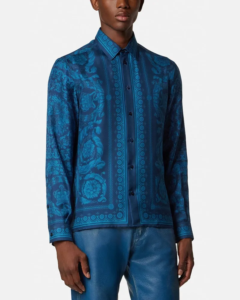 Versace Slim-Fit-Hemd aus bedrucktem Seidentwill in Blau Blue