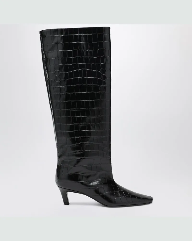 Totême Schwarze Stiefel aus Leder mit Krokodilprägung Black