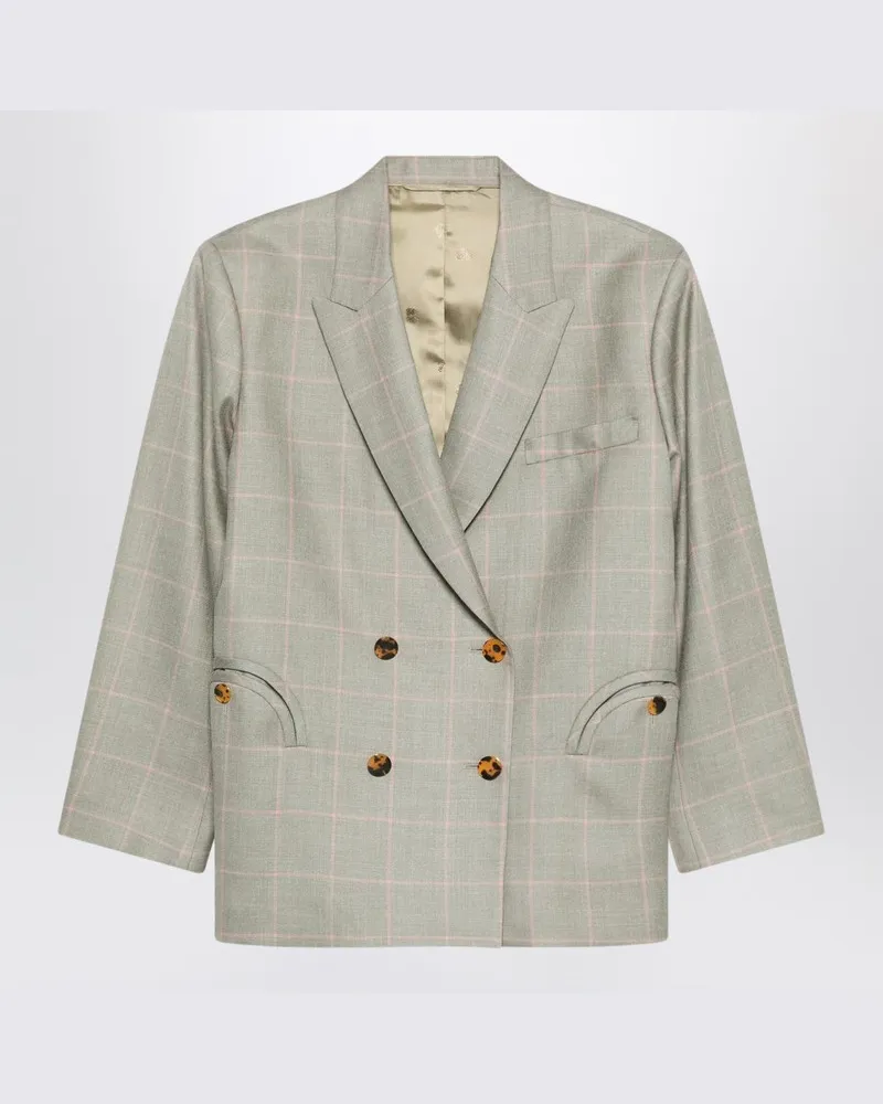Blazé Milano Zweireihiger beiger Blazer mit rosa Karomuster Grau