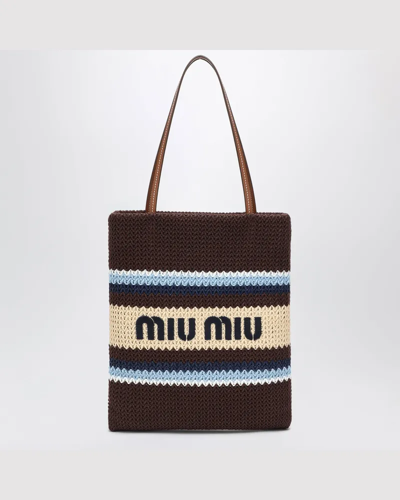 Miu Miu Shopper-Tasche aus Bast-Effekt-Garn in Kakao/Hellblau/Natur Brown