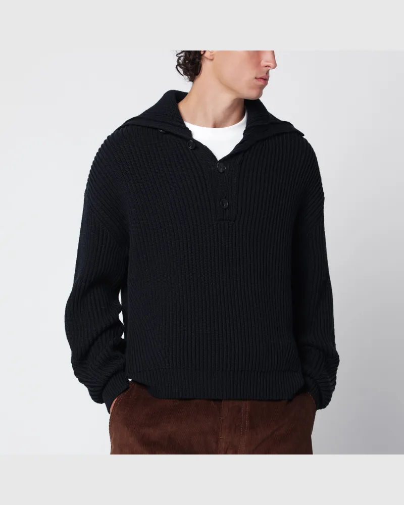 Dries van Noten Marineblauer Pullover aus Rippstrickwolle Blue