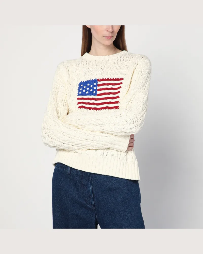 Ralph Lauren Cremefarbener Pullover mit Flaggendetail Green