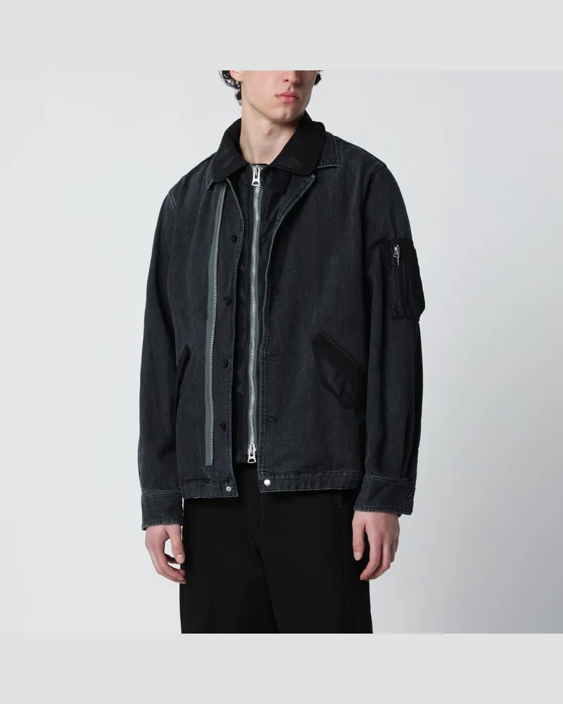 Sacai Schwarze Denimjacke mit Nyloneinsätzen Schwarz