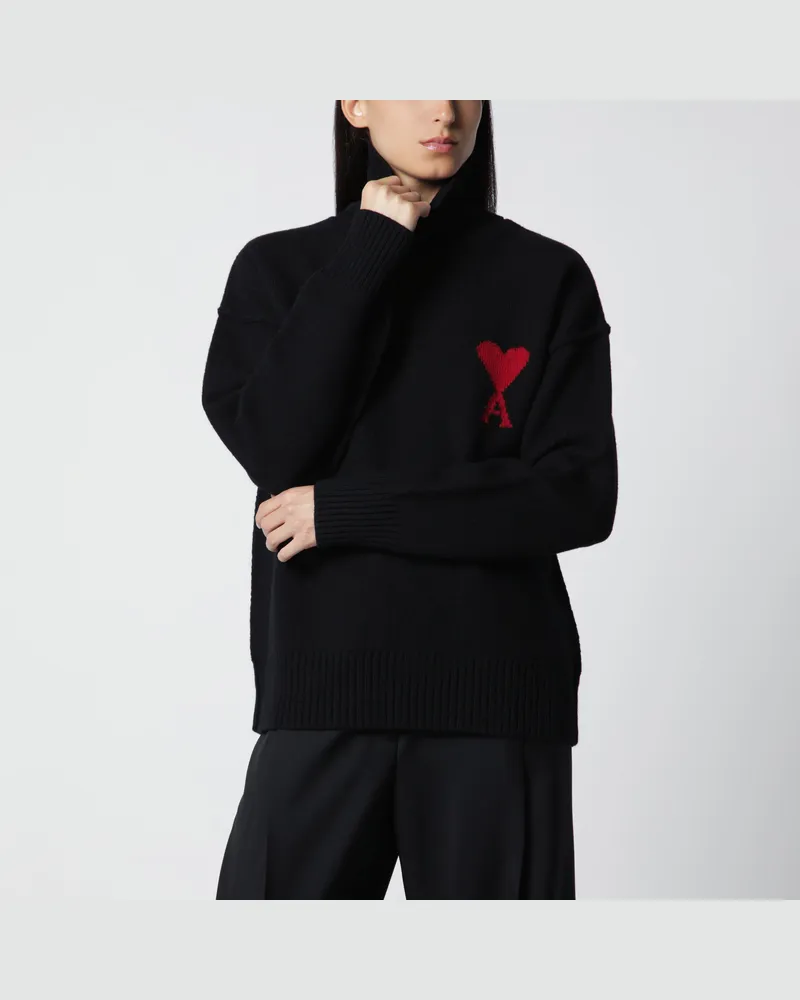 AMI Paris Ami De Coeur Pullover aus schwarzem Merinowollstrick Black
