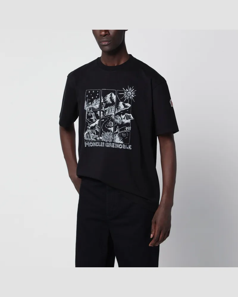 Moncler Schwarzes Rundhals-T-Shirt aus Baumwolle Black