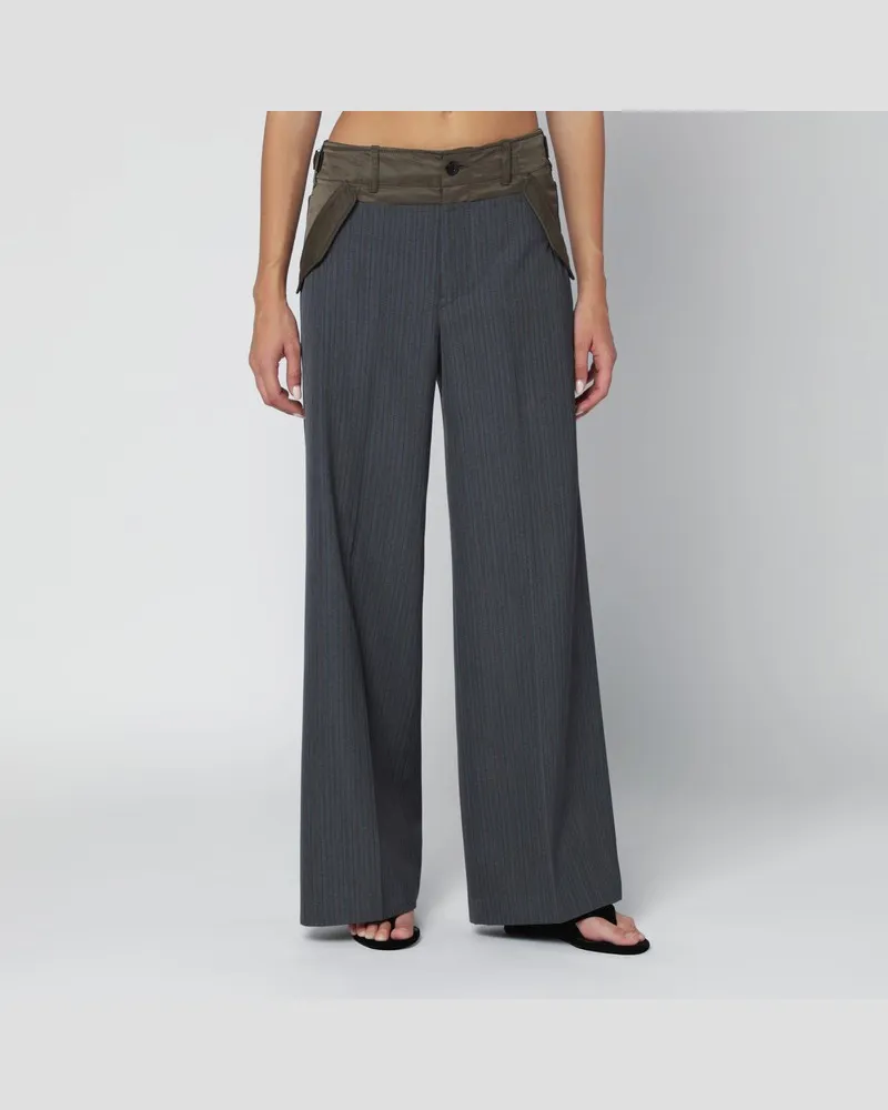 Sacai Grau/Khaki gestreifte bimaterial Hose Grau