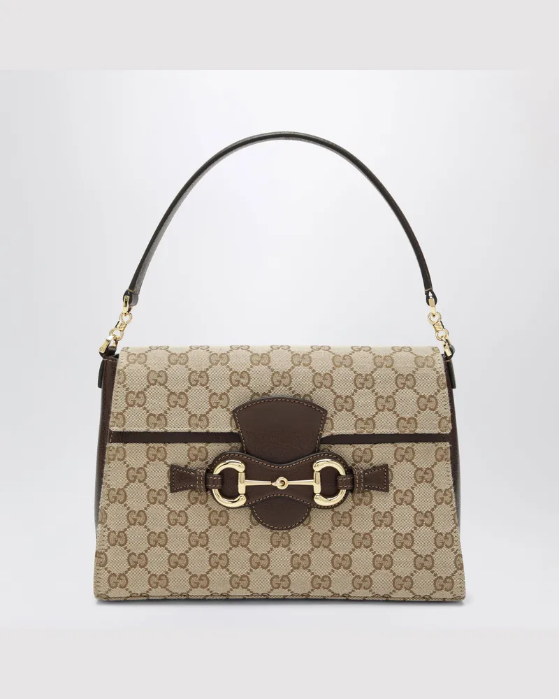 Gucci Braune Horsebit Duomo Handtasche aus GG-Gewebe Beige