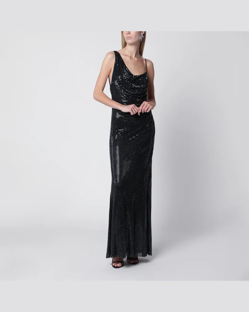 Self-Portrait Langes drapiertes Strasskleid aus Stretch in Schwarz Black