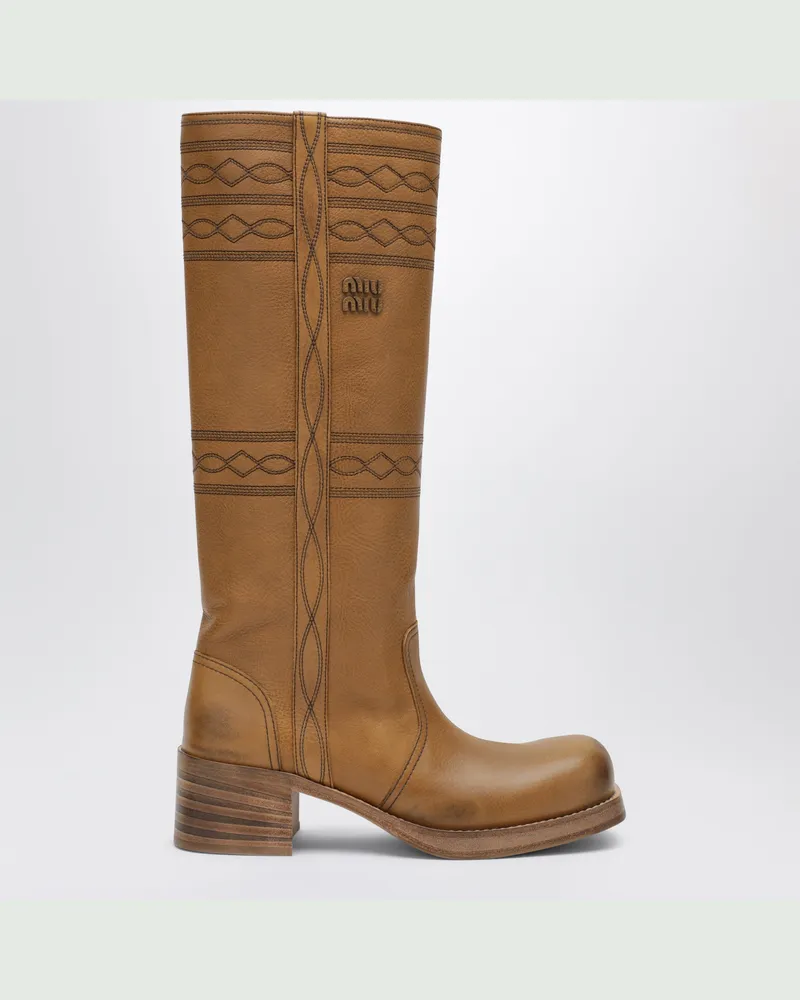 Miu Miu Bestickte Lederstiefel in Cuoio Brown