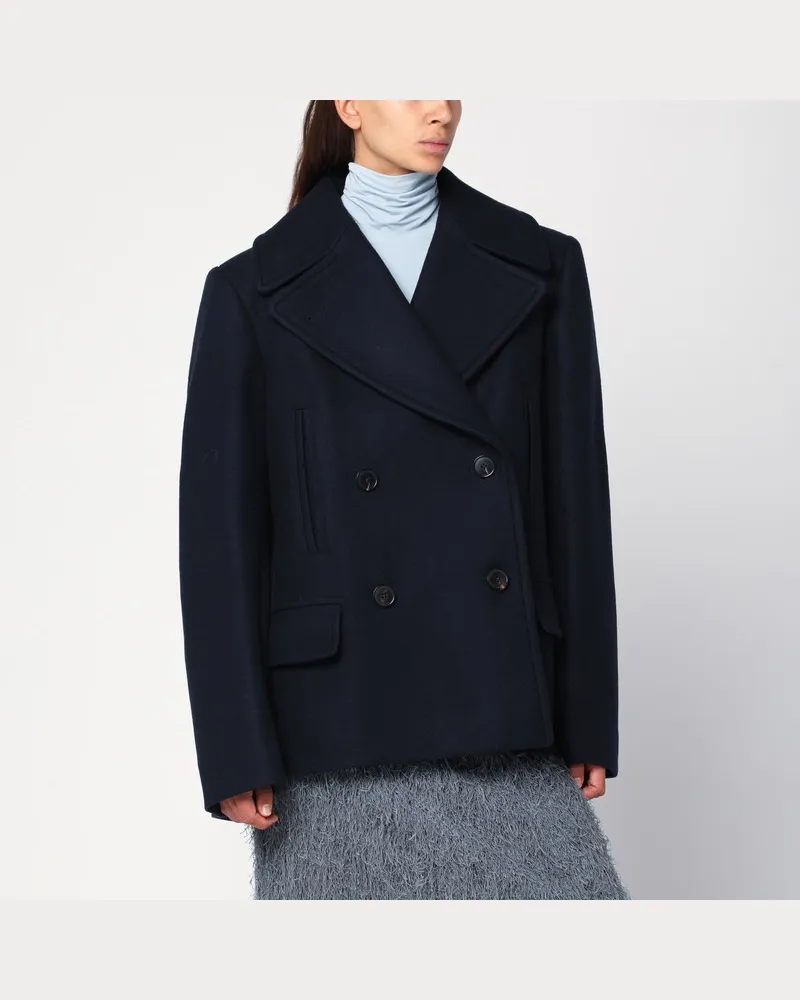 Dries van Noten Marineblauer zweireihiger Wollmischmantel Blau