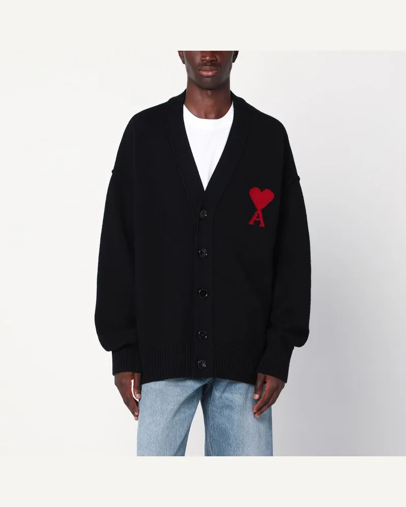 AMI Paris Schwarzer Ami De Coeur Cardigan aus Wolle Schwarz