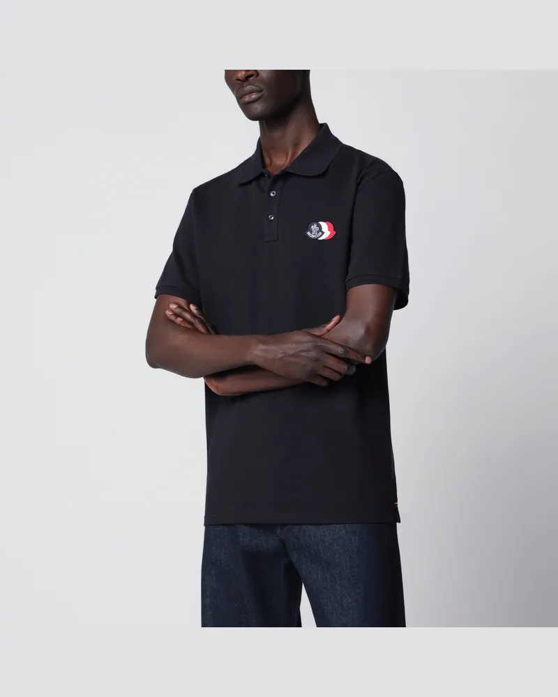 Moncler Blaues Baumwoll-Poloshirt mit Dreifachwappen-Logo-Patch Blue