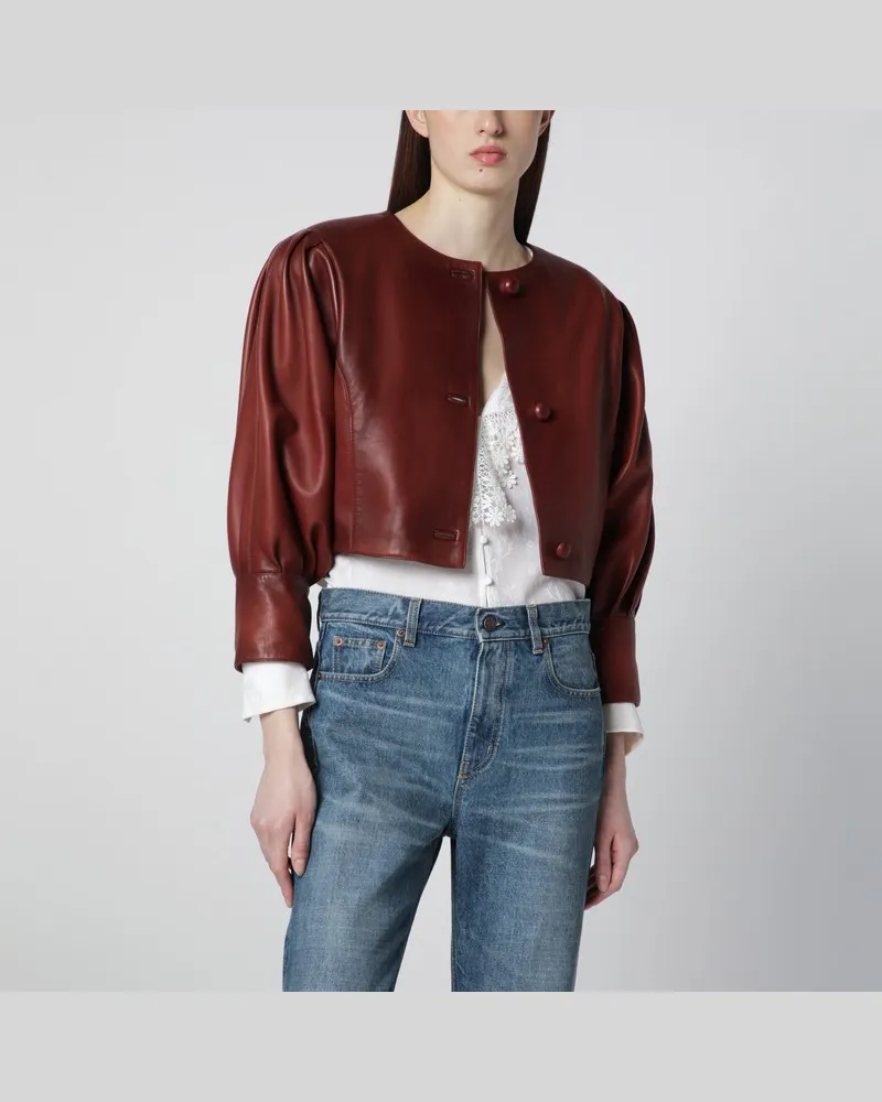 Chloé Kurze bordeauxfarbene Jacke aus Plongé-Nappaleder Braun