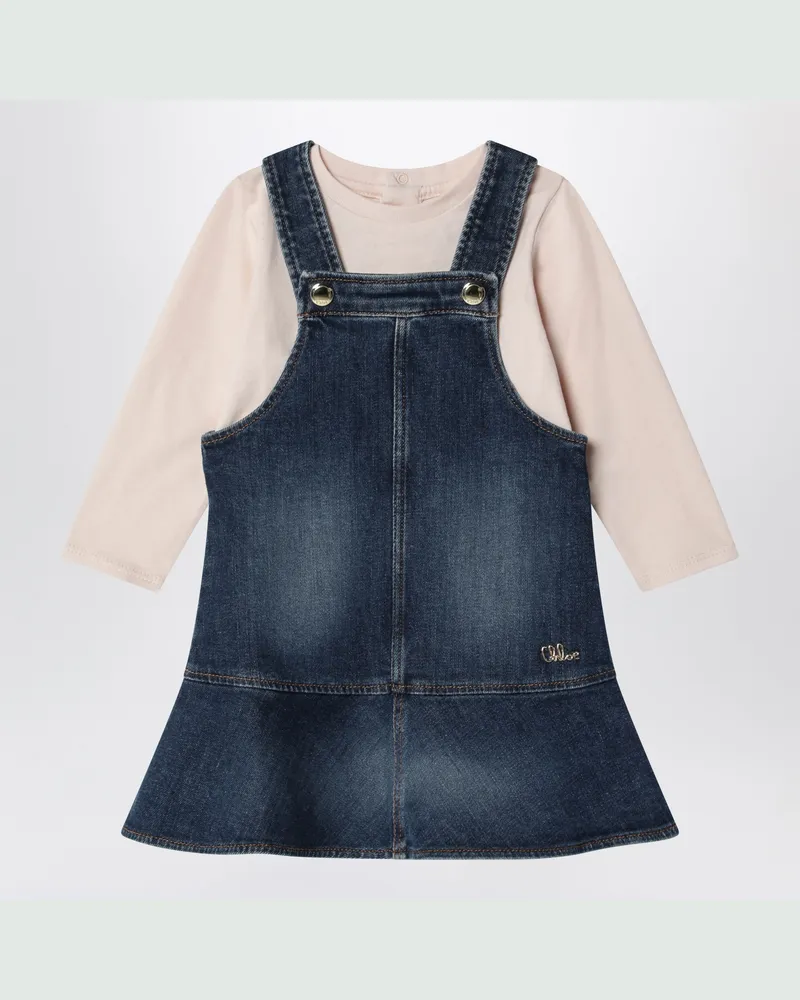Chloé Blue T-shirt and denim overalls set with embroidery Blue