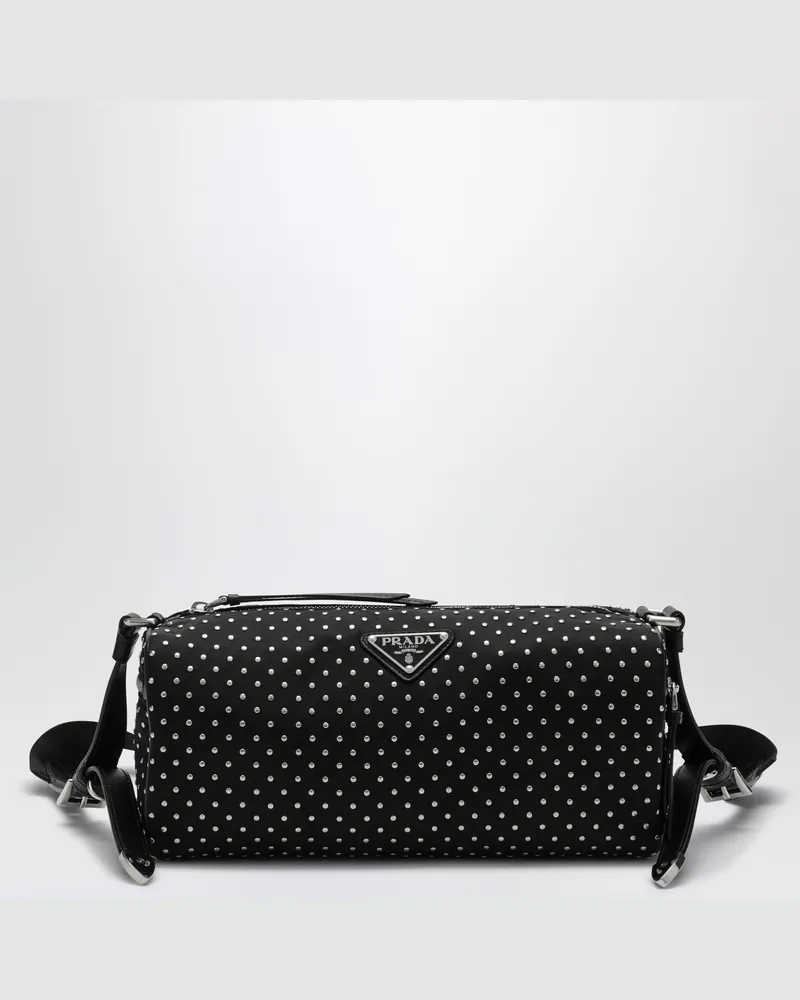 Prada Schwarze Re-Nylon Schultertasche mit Nieten 