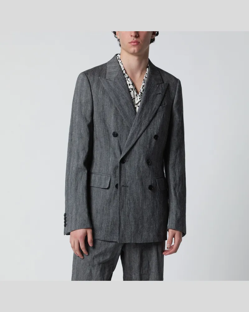 Dries van Noten Zweireihiger Blazer in Schwarz mit Fischgrätmuster Black