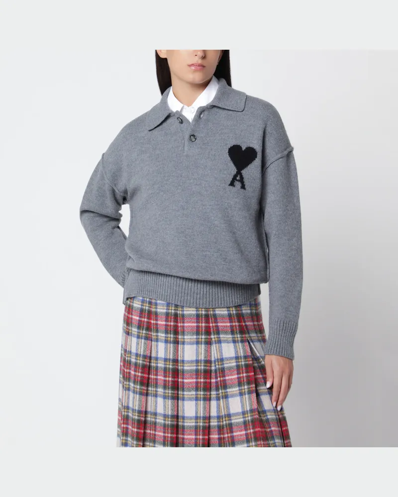 AMI Paris Grauer Ami de Coeur Polopullover aus Wolle Grey