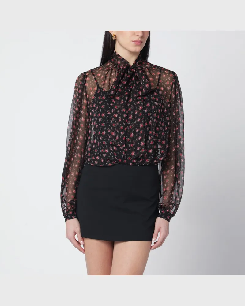 Dolce & Gabbana Schwarze Chiffonbluse mit Rosenprint Schwarz
