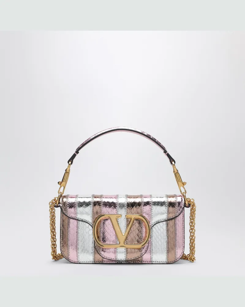 Valentino Garavani Kleine Locò Schultertasche aus multicolorem laminiertem Elaphe-Leder Pink