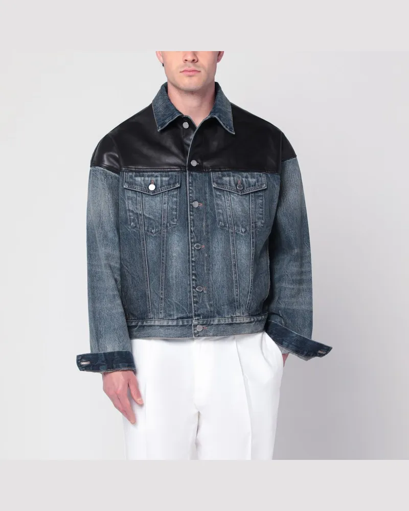 Prada Blaue Jeansjacke mit schwarzem Leder Blau