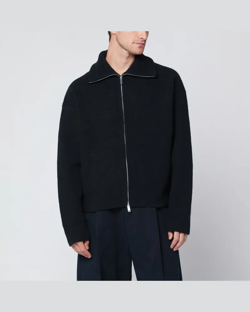Studio Nicholson Dunkelblauer Wollcardigan mit Reißverschluss Blau