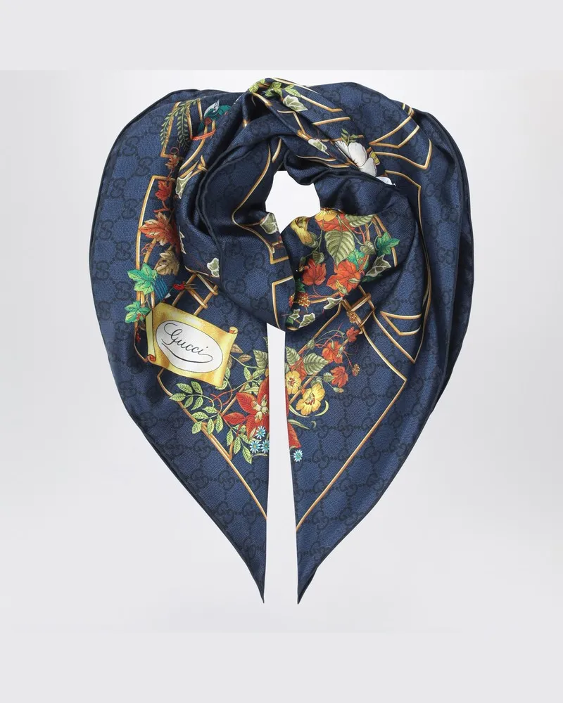 Gucci Mitternachtsblauer Seidenschal mit Flora-Print Blau