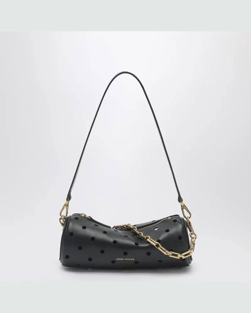 Manu Atelier Mini Cylinder Tasche aus perforiertem schwarzem Leder Black