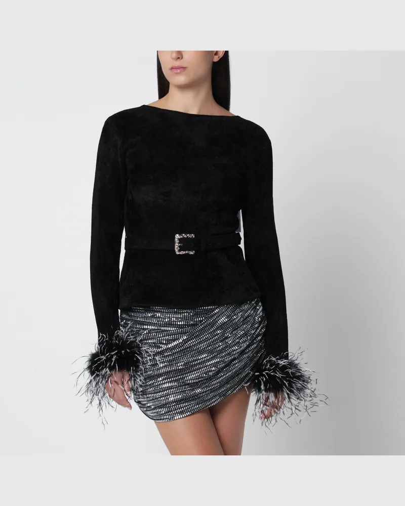 Self-Portrait Schwarzes Chenille-Stricktop mit Federbesatz Black