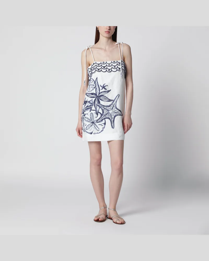 FARM Rio Midikleid aus bedrucktem Leinen Coast Stars White