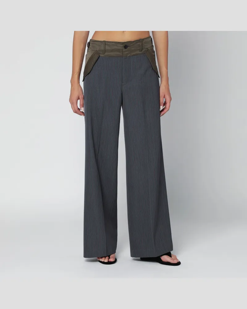 Sacai Grau/Khaki gestreifte bimaterial Hose Grey