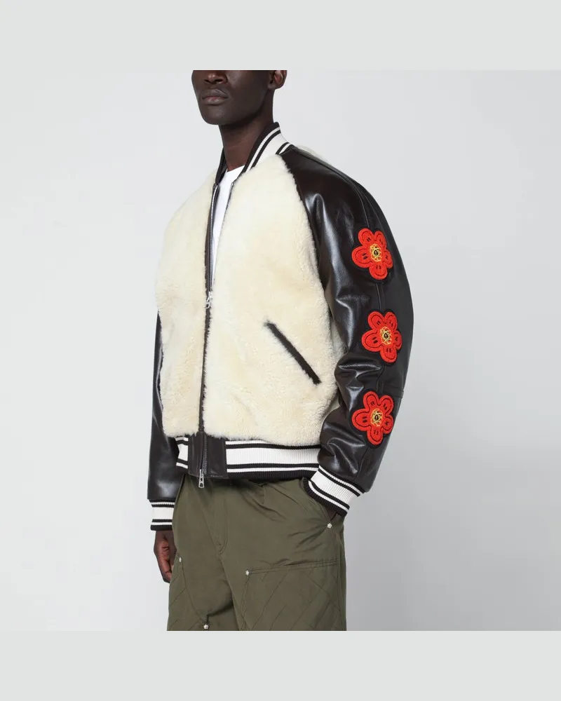 Kenzo Beige Bomberjacke mit Schaffell-Effekt und braunen Ledereinsätzen Beige